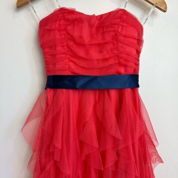 Tease Me Juniors Size 5 Pink Coral Mini Strapless Dress Blue Tie Prom Gown Tutu - Picture 9 of 10